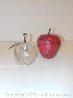 Pair of Apple Paperweights, Marble and Glass
