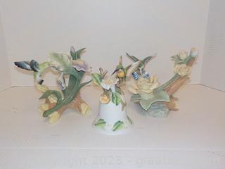 3 Pc Hummingbird and Floral Decor Set: 2 Figurines (Glazed) And a Small Bell