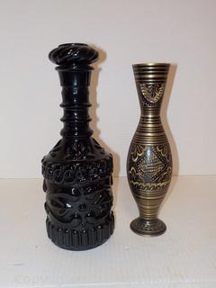 Beautiful Black Decor (2pc.) Vintage Decanter and Vase from India 