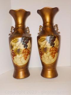 Vintage Pair of Bronze-Tone Tall Tin Urn Vases with Grapevine Design