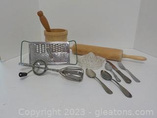 Vintage Kitchen Utensils, Featuring a Wooden Rolling Pin and Mortar and Pestal (10 pieces)