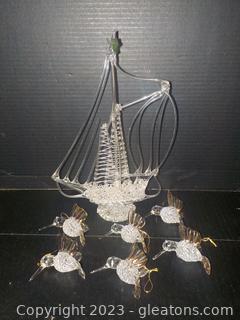 Brilliant Blown Glass : Schooner and Set of 6 Gilded Hummingbirds 