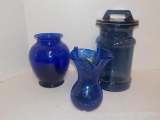 Pretty Cobalt Blue Decor (3pc) 2 Vases and a “Milk Can” Jar w/Lid 