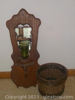 Vintage Wooden Wall Mirror with Green Candle Holder, and a Small Wicker Waste Basket 