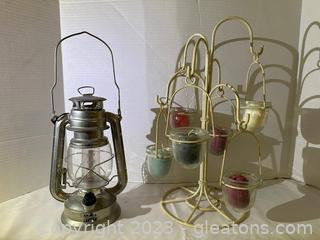 Olde Brooklyn Lantern w/LED Lights, Plus Metal Tea Light Tree w/(6) Hanging Glass Holders (Lot of 2) 