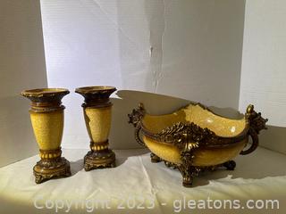 Ornate Decorative Bowl with Matching Candle Holders 
