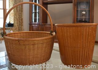 One Large Round Nantucket Style Basket & One Wicker Waste or Plant Holder Basket 