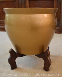 Ceramic Planter Gold Tone Fishbowl Style Planter with Stand 