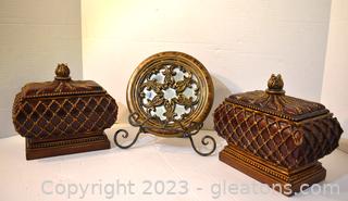 Small Medieval Mirror With Easel - Two Decorative Storage / Trinket Boxes With Lids 