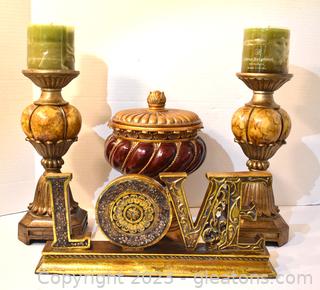 Lidded Decorative Storage Box - Love Plaque for Table Top - Two Resin Candle Holders with Candles 