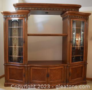 Massive Five Piece Entertainment Center Including The Side Display Cases and Curved Front