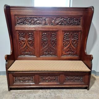 Beautiful Antique European Carved Hall Bench with Bottom Storage - Oversized - See Dimensions in Description