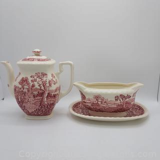 Lovely Villeroy & Boch “Rusticana” Red Transferware Teapot and Sauce Boat