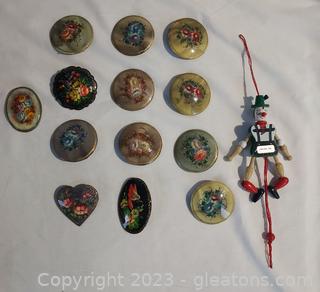 12 Beautiful Vintage Hand Painted Wood Lacquered Brooches Plus a Souvenir Puppet from Helen GA