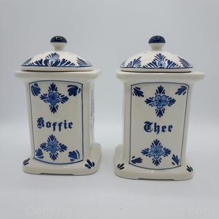 Pair of Lovely Hand Painted Delft Canisters: Koffie, Thee