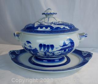 Beautiful Blue Canton Oval Tureen and Stand 