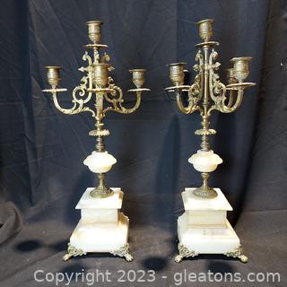 Pair of Beautiful Brass 4 Arm Candelabra with Onyx Bases 