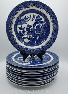 10 Blue Willow Dinner Plates- 9 Johnson Bros and 1 Churchill 