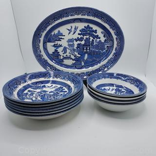 Mixture of Churchill and Johnson Bros. Blue Willow Dinnerware Pieces- 11 Total 