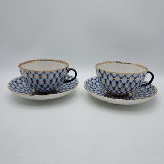 Gorgeous Pair of Vintage Lomonson Tea Cups and Saucers, Cobalt Blue, Fishnet Pattern 