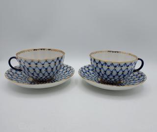 Gorgeous Pair of Vintage Lomonosov Tea Cups and Saucers, Cobalt Blue, Fishnet Pattern 