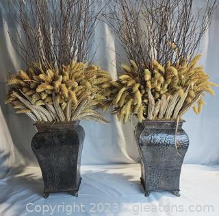 Lovely Pair of Dried Floral Arrangements in Metal Vases 