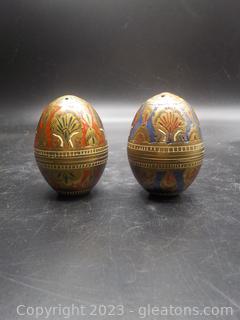 Pair of Collectable Brass Eggs Decorated with Red, White, Blue;  2 inches high;