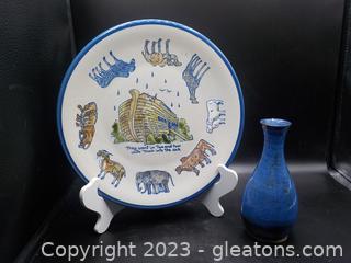 Louisville Stoneware Noah’s Ark Platter and Glazed Pottery Bud Vase