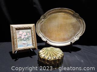 Beautiful Group of 3 Venetian Decor Pieces: Italian Tray Trinket Box, and Floral Still Life