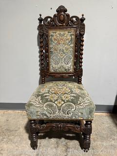 Beautiful French Barley Twist Side Chair w/Blue & Gold Velvet Upholstery 