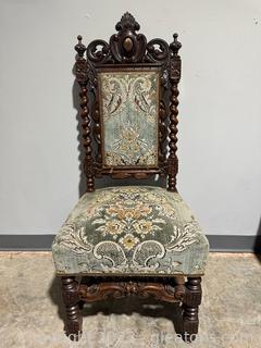 Beautiful French Barley Twist Side Chair w/Blue & Gold Velvet Upholstery 