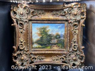 Beautiful Oil Painting of Couple Walking Along River Bed in Ornate Frame 