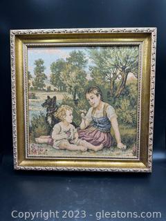 French Vintage Tapestry Wall Art of 2 Girls w/Dog and Butterfly 