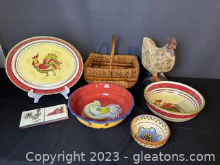 Farmhouse Style Rooster Decor w/Rooster Serving Pieces, & Coasters (Lot of 10)