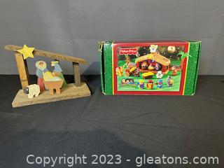 Fisher Price Little People Christmas Story Manger & Accessories Plus Wooden Manger 