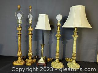 Candle Stick Lamp Lot, Some with Shades (Lot of 5)