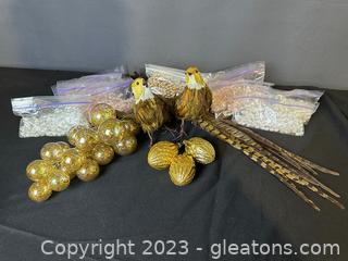 Cute & Creative Lot w/Birds, Feathers, Glass Grapes, Ornaments & Strands of Beads 