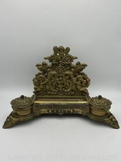 Antique Brass Ornate Double Inkwell