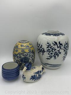 Porcelain Ginger Jar, Egg, Ceramic Blue & White Music Box Duck