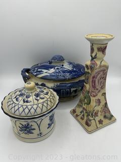 Blue White Tureen & Jar Along with Bud Vase