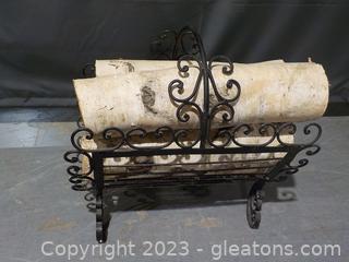 Black Wrought Iron Firewood Holder with 6 Faux Logs 