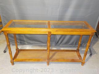 MCM Oak Entry Hall or Couch Table with 2-Glass (Beveled) Top and Woven-Look Bottom Shelf 