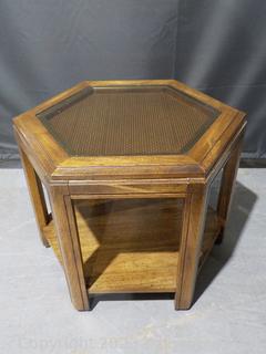 6-Sided MCM Oak 2-Tier End Table Rattan Under Beveled Glass Top 