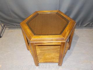 6-Sided MCM Oak 2-Tier End Table Rattan Under Beveled Glass Top 