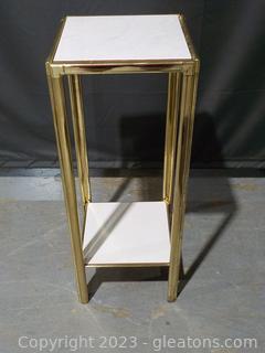 Nice Gold Tone Plant Stand with 2-Off-White Tile Shelves 
