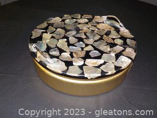 Unique Round Gold-Tone Metal Tray with Acrylic, Marble-Look Top (Two Handles) 