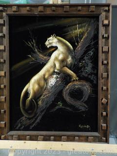 Stunning Textured Oil on Black Velvet Art, of a Wild Cougar 