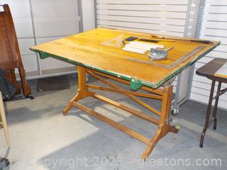 Magnificent Large Wooden Vintage Drafting Table with a Few Tools 
