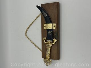 Unique Brass Dagger with Sheath on Wooden Plank Wall Hanging 