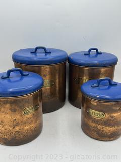Vintage Copper Canister Set with Blue Lids 